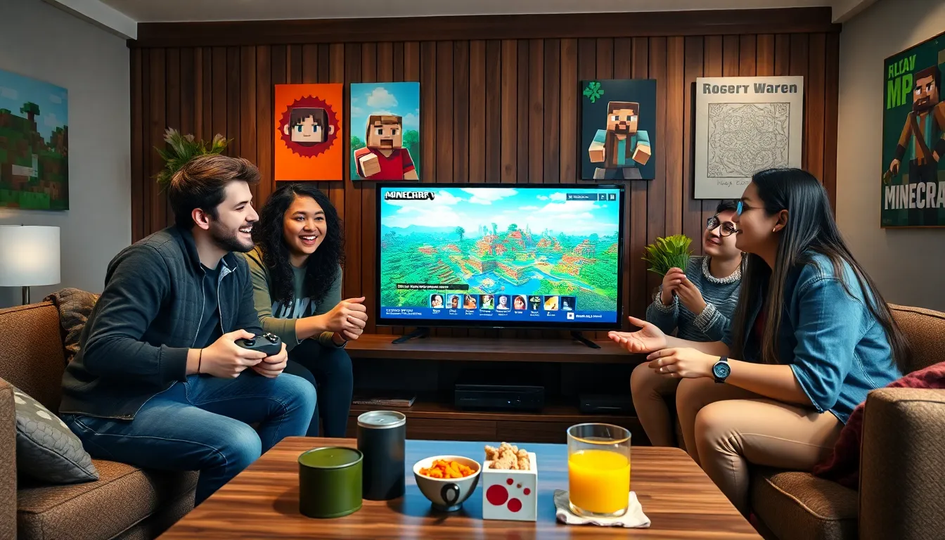 diverse friends gaming together on Xbox in a cozy living room.