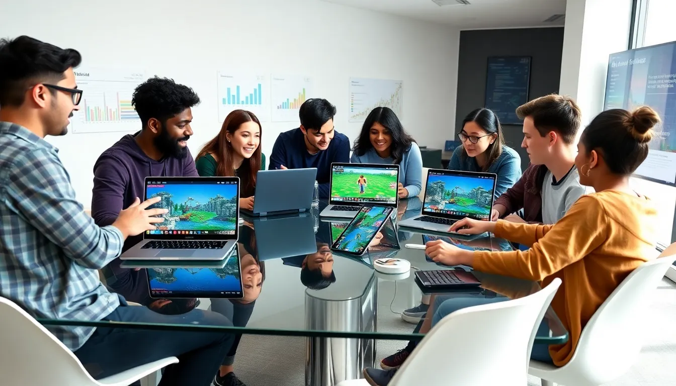 diverse gamers discussing Minecraft hacking in a modern office.