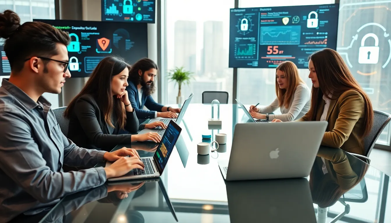 diverse team collaborating in a modern remote cybersecurity workspace.
