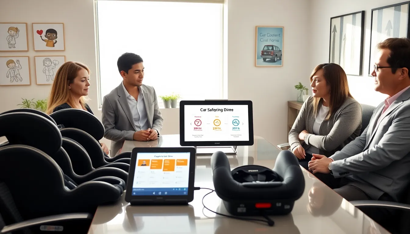 diverse professionals discussing car seat safety in a modern office.