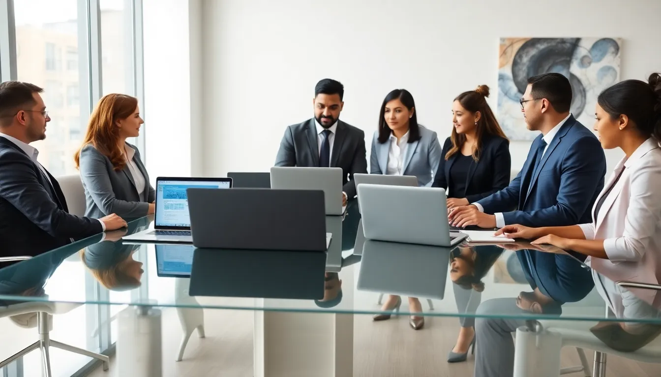 diverse cybersecurity team collaborating on SEO strategies in a modern office.