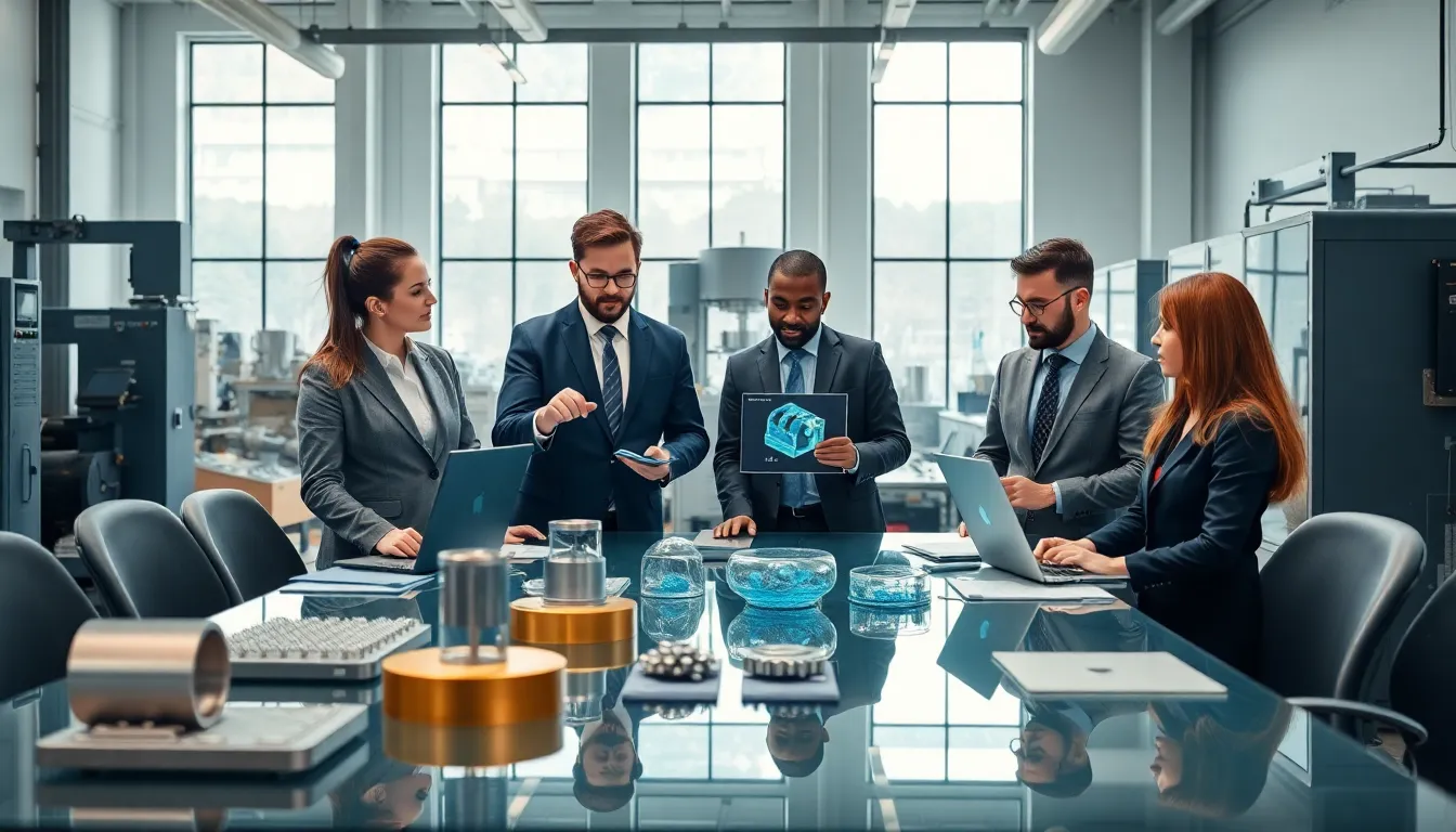 engineers collaborating in a modern workspace on alloy technology innovations.