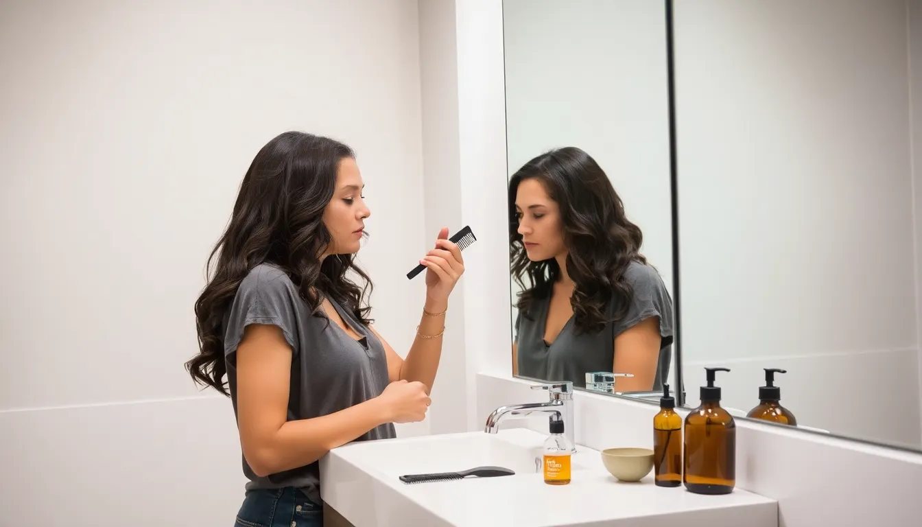 person removing tree sap from hair in a modern bathroom.