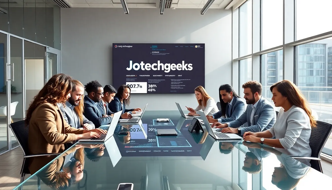diverse team collaborating on technology news in a modern office.